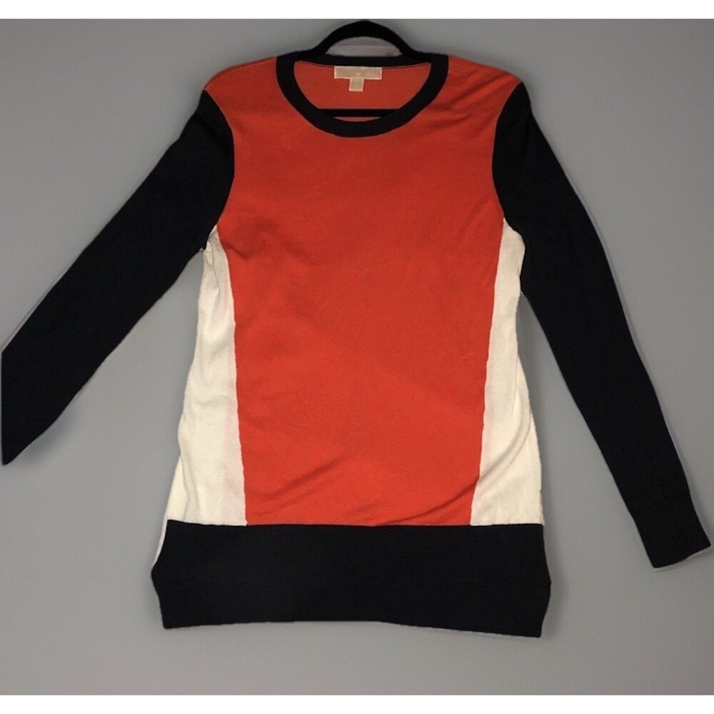 Michael Kors Colorblock Knit Pullover Crew Sweater Orange Black White Women S